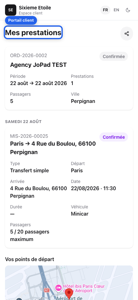Portail client avec une prestation réservée